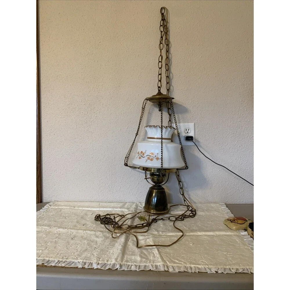 Vintage Hurricane Swag Lamp Floral Milk Glass Country Cottage Portable Hanging